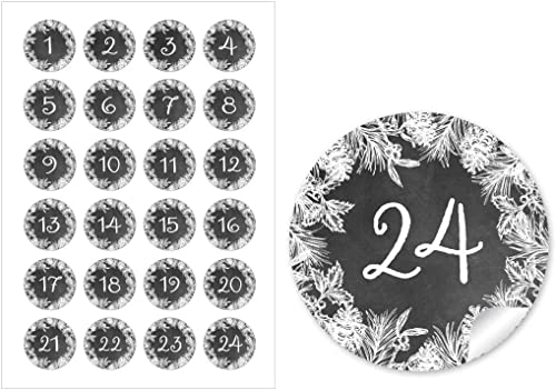 24 DIY Adventskalenderzahlen SCHWARZ ZWEIGE Kranz Vintage für einen DIY Adventskalender Papiertüten zum selber basteln 1 – 24 Format 4 cm, rund, matt von fioniony