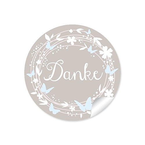24 STICKER Danke Schöne Etiketten mit Kranz, Blüten und Schmetterlingen in beige natur, Zum "Danke" sagen, Gastgeschenke, Tischdeko zur Hochzeit oder Taufe, 4 cm, matt von fioniony