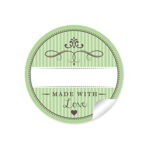 24 STICKER Edle Aufkleber in Grün mit Herz und Ornamente Made with Love mit Freitextfeld Papieraufkleber Sticker/Etiketten im 4 cm, rund, matt von fioniony