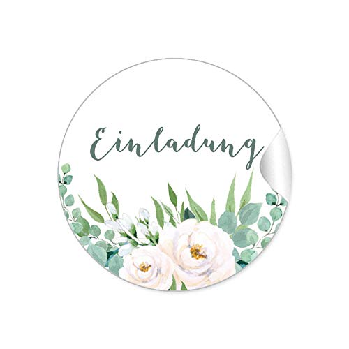24 STICKER Einladung Etiketten als Siegel BOHO HIPPIE STYLE ZWEIGE BLÜTEN ROSEN BLÄTTER GRÜN WEIß für Briefumschläge Anhänger oder Postkarten zur Hochzeit Geburtstag Taufe von fioniony