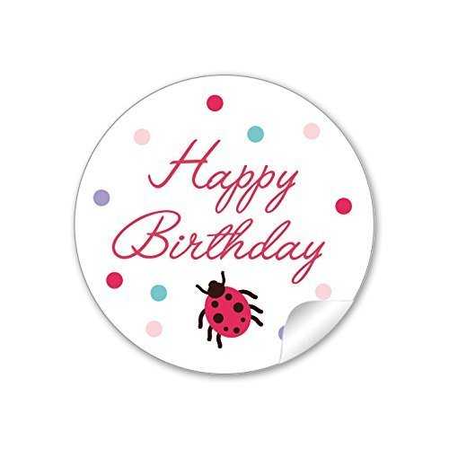 24 STICKER Geschenkaufkleber Käfer-Happy Birthday in rot zum Kindergeburtstag/Geburtstag für ein Mädchen/Junge/Aufkleber/Etiketten Format 4 cm, rund, matt von fioniony