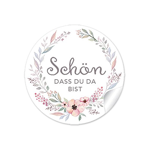 24 STICKER Schön, dass du da bist PASTELLFARBEN mit Blütenkranz. Für Gastgeschenke, Hochzeit, Hochzeitsmarmelade, Tischdeko, Selbstgemachtes. 4cm, rund, matt 24 STICKER Schön, dass du da bist PASTELLFARBEN mit Blütenkranz. Für Gastgeschenke, Hochzeit, Hochzeitsmarmelade, Tischdeko, Selbstgemachtes. 4cm, rund, matt von fioniony