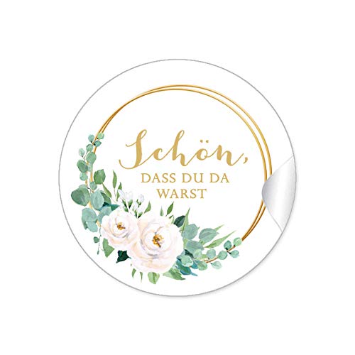 24 STICKER Schön, dass du da warst Etiketten als Gastgeschenk mit weißen Rosen und Ringe in Goldgelb kein Echtgold als Danksagung für Gläser oder Geschenktüten zur Hochzeit Geburtstag Taufe von fioniony