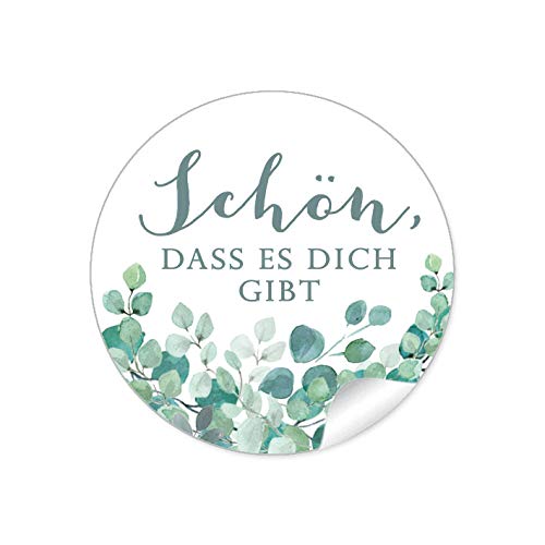 24 STICKER Schön, dass es dich gibt Etiketten als Danksagung EUKALYPTUS ZWEIGE GRÜN MINT WEIß als Siegel für Briefumschläge Anhänger oder Briefe zur Hochzeit Geburtstag Taufe, 4 cm, rund, matt von fioniony