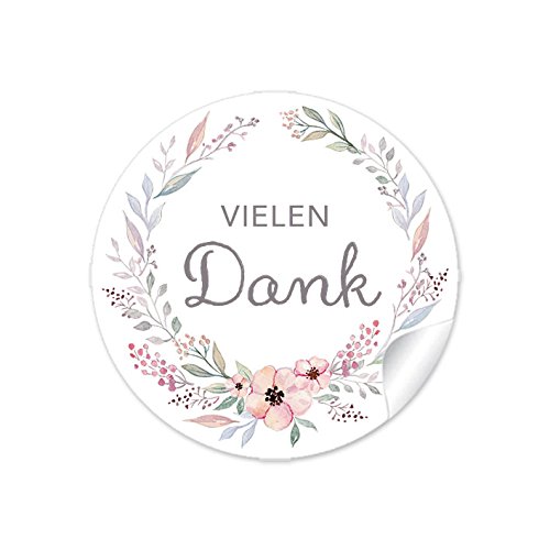 24 STICKER Vielen Dank PASTELLFARBEN mit Blütenkranz um Danke sagen für Gastgeschenke, Hochzeitsmarmelade. 4 cm, rund, matt von fioniony