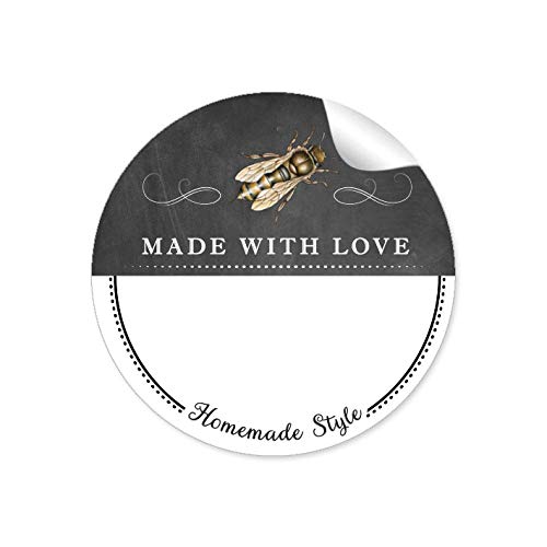 24 STICKER WEIß SCHWARZ Biene und Ornamente Made WITH LOVE Freitextfeld für Honig, Gläser • Papieraufkleber: 4 cm, rund, matt von fioniony
