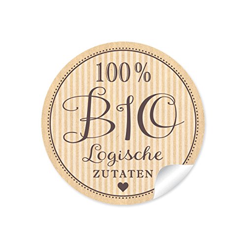 24 STICKER: "100% Biologische Zutaten " 24 Edle Etiketten im "Retro-Vintage-Style" in Natur mit Herz • Aufkleber im Format 4 cm, rund, matt für Flaschen oder Dosen als Gastgeschenk zur Hochzeit von fioniony
