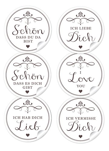 24 STICKER: 24 Etiketten in Weiß mit 6 verschiedene Texten • 4 cm, rund, matt)"Schön, dass du da bist","Schön, dass es Dich gibt","Ich hab Dich lieb","Ich liebe Dich","I love you","Ich vermisse Dich" von fioniony