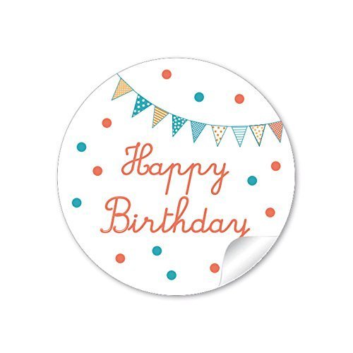24 STICKER: 24 Geschenkaufkleber "Happy Birthday" (A4 Bogen) in orange zum Kindergeburtstag/Geburtstag für ein Mädchen/Junge • Papieraufkleber/Sticker/Etiketten (Format 4 cm, rund, matt) von fioniony