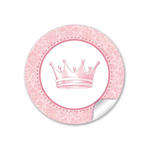 24 STICKER: 24 Geschenkaufkleber "Krone rosa" (A4 Bogen) Zur Geburt oder Taufe für ein Mädchen • Papieraufkleber/Sticker/Aufkleber/Etiketten (Format 4 cm, rund, matt) von fioniony
