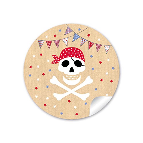 24 STICKER: 24 Geschenkaufkleber PIRAT mit Totenkopf (A4 Bogen) in Beige/Blau mit Girlande Kindergeburtstag für ein Junge • Papieraufkleber/Sticker/Aufkleber/Etiketten (Format 4 cm, rund, matt) von fioniony