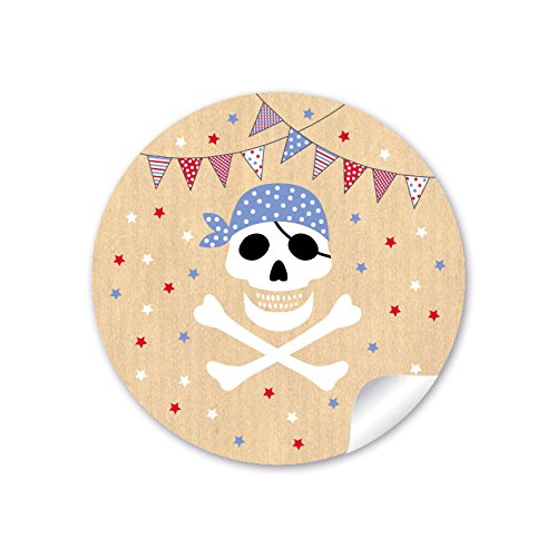 24 STICKER: 24 Geschenkaufkleber PIRAT mit Totenkopf (A4 Bogen) in Blau/Natur mit Girlande Kindergeburtstag für ein Junge • Papieraufkleber/Sticker/Aufkleber/Etiketten (Format 4 cm, rund, matt) von fioniony