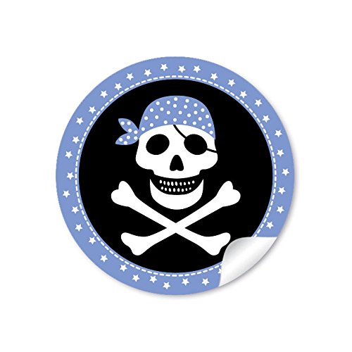24 STICKER: 24 Geschenkaufkleber PIRAT mit Totenkopf (A4 Bogen) in Blau/Schwarz Kindergeburtstag für ein Junge • Papieraufkleber/Sticker/Aufkleber/Etiketten (Format 4 cm, rund, matt) von fioniony