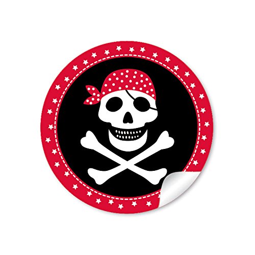 24 STICKER: 24 Geschenkaufkleber PIRAT mit Totenkopf (A4 Bogen) in Rot/Schwarz Kindergeburtstag für ein Junge • Papieraufkleber/Sticker/Aufkleber/Etiketten (Format 4 cm, rund, matt) von fioniony