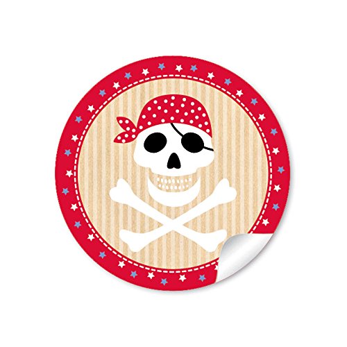 24 STICKER: 24 Geschenkaufkleber PIRAT mit Totenkopf (A4 Bogen) in Rot Kindergeburtstag für ein Junge • Papieraufkleber/Sticker/Aufkleber/Etiketten (Format 4 cm, rund, matt) von fioniony