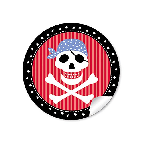 24 STICKER: 24 Geschenkaufkleber PIRAT mit Totenkopf (A4 Bogen) in Schwarz/Rot Kindergeburtstag für ein Junge • Papieraufkleber/Sticker/Aufkleber/Etiketten (Format 4 cm, rund, matt) von fioniony