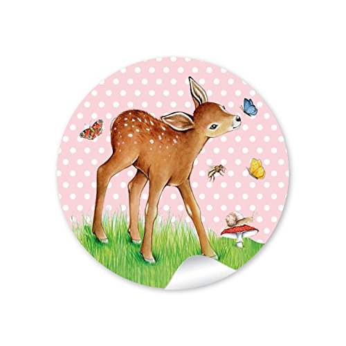 24 STICKER: 24 Geschenkaufkleber "REHKITZ rosa" für ein Mädchen mit Schmetterlinge zum Kindergeburtstag, Taufe oder Geburt • Papieraufkleber/Aufkleber/Etiketten (Format 4 cm, rund, matt) von fioniony