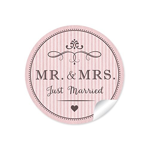 24 STICKER: 24 Retro Hochzeitsaufkleber "MR. & MRS. - Just Married" (A4 Bogen) im Vintage Style zur Hochzeit • Papieraufkleber/Sticker/Aufkleber/Etiketten (Format 4 cm, rund, matt) in Rosa von fioniony