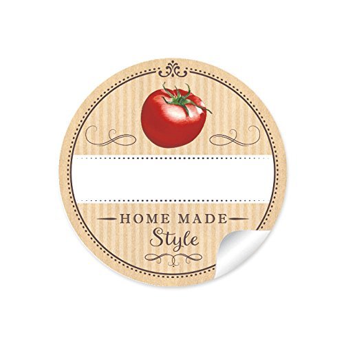 24 STICKER: 24 Schöne Etiketten für die Küche in Natur mit Tomate"Home Made Style" mit Freitextfeld für Soßen Sorte • 4 cm, rund, matt für selbstgemachte Tomatensoße, Saucen, Glasflaschen von fioniony