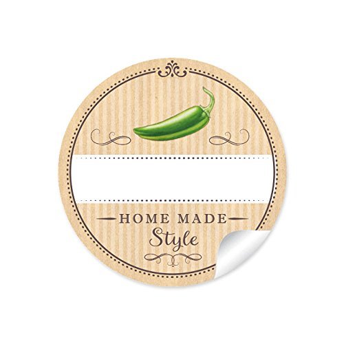 24 STICKER: 24 Schöne Etiketten für die Küche in Natur mit grüner Chili/Peperoni"Home Made Style" mit Freitextfeld • Papieraufkleber 4 cm, rund, matt für Chili, Gewürzdosen, Glasflaschen von fioniony