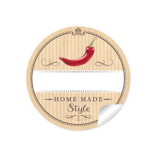 24 STICKER: 24 Schöne Etiketten für die Küche in Natur mit rotem Chili/Peperoni"Home Made Style" mit Freitextfeld • Papieraufkleber 4 cm, rund, matt für Chili, Gewürzdosen, Glasflaschen von fioniony