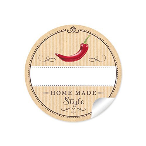 24 STICKER: 24 Schöne Etiketten für die Küche in Natur mit rotem Chili/Peperoni "Home Made Style" mit Freitextfeld • Papieraufkleber 4 cm, rund, matt für Chili, Gewürzdosen, Glasflaschen von fioniony