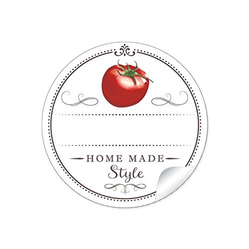 24 STICKER: 24 Schöne Etiketten für die Küche in Weiß mit Tomate"Home Made Style" mit Freitextfeld für Soßen Sorte • 4 cm, rund, matt für selbstgemachte Tomatensoße, Saucen, Glasflaschen von fioniony
