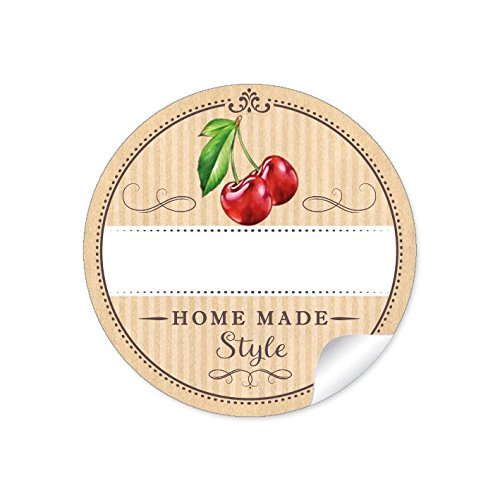 24 STICKER: 24 Schöne Marmeladenetiketten für die Küche in Natur mit Kirsche"Home Made Style" mit Freitextfeld für selbstgemachte Marmelade, Marmeladegläser u.v.m. • Format 4 cm, rund, matt von fioniony