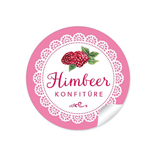 24 STICKER: 24 Schöne Marmeladenetiketten für die Küche in weiß/rosa mit liebevoll illustrierten Himbeeren "Himbeer Konfitüre" (A4 Bogen) • Papieraufkleber im Format 4 cm, matt von fioniony