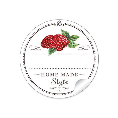 24 STICKER: 24 Schöne Marmeladenetiketten für die Küche in weiß mit Himbeeren:"Home Made Style" mit Freitextfeld für selbstgemachte Marmelade, Glasflaschen und Marmeladegläser • 4 cm, rund, matt von fioniony