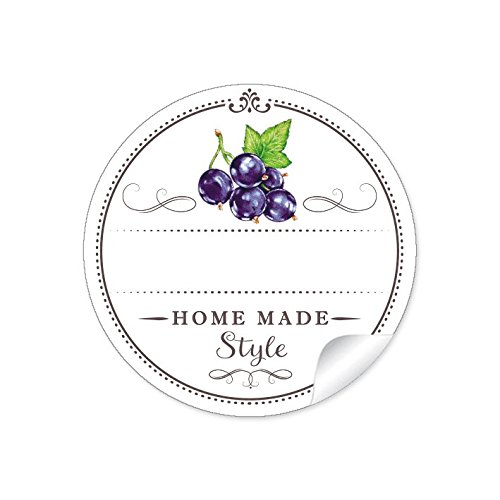 24 STICKER: 24 Schöne Marmeladenetiketten für die Küche in weiß mit schwarzen Johannisbeeren"Home Made Style" mit Freitextfeld für Marmelade, Johannisbeersaft, Sirup • Format 4 cm, rund, matt von fioniony