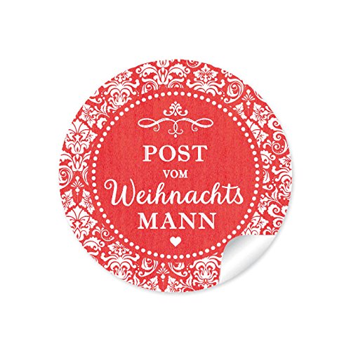 24 STICKER: 24 Weihnachtsaufkleber "POST VOM WEIHNACHTSMANN" in ROT mit weißen Ornamenten und Herzchen "Retro Vintage Packpapier Look Etiketten (Format 4 cm, rund, matt) von fioniony