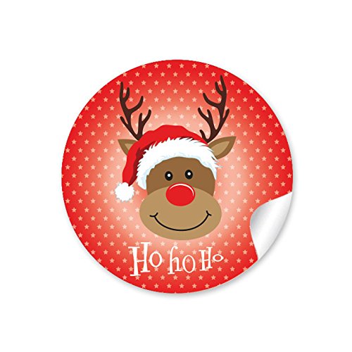 24 STICKER: 24 Weihnachtsaufkleber in Rot mit lustigem Rudolph/Rentier "HO HO HO" • passend für Adventskalender, Weihnachtsplätzchen u.v.m. • 4 cm, rund, matt von fioniony