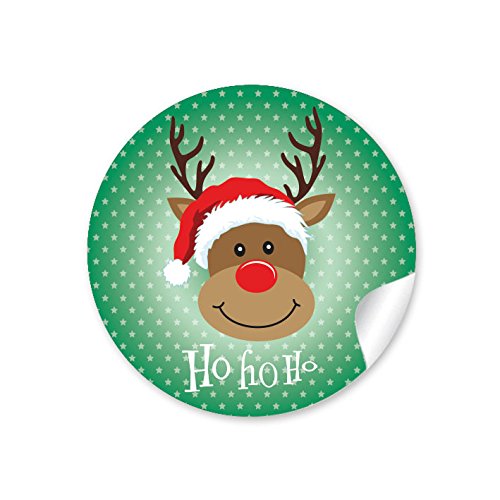 24 STICKER: 24 Weihnachtsaufkleber in grün mit lustigem Rudolph/Rentier"HO HO HO" • passend für Adventskalender, Weihnachtsgebäck u.v.m. • Format 4 cm, rund, matt von fioniony