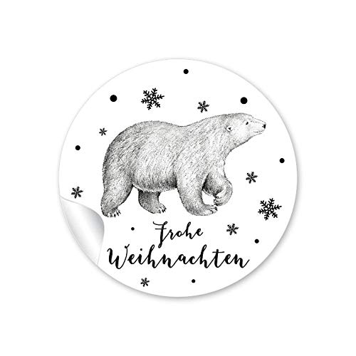 24 STICKER: 24 Weihnachtssticker zu Weihnachten in SCHWARZ WEIß mit Eisbär •"FROHE WEIHNACHTEN" • Papieraufkleber/Sticker/Aufkleber/Etiketten • Format 4 cm, rund, matt von fioniony