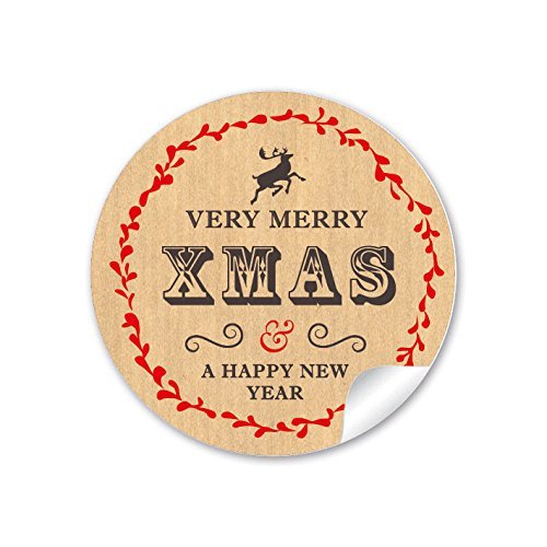 24 STICKER: 24 selbstklebende Geschenkaufkleber Weihnachtsaufkleber MERRY XMAS HIRSCH NATUR ROT Weihnachten • Format: 4 cm, rund, matt von fioniony