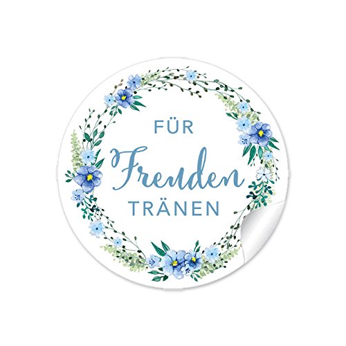 24 STICKER:"Für Freudentränen" in BLAU GRÜN mit Blütenkranz • Für Taschentücher/Taschentuchverpackung, Gastgeschenke, Hochzeitsmarmelade, Tischdeko, für Selbstgemachtes u.v.m. • 4 cm, rund, matt von fioniony