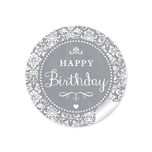 24 STICKER:"Happy Birthday" 24 Geburtstagsaufkleber/Etiketten im"Retro-Vintage-Style" in grau/anthrazit mit Ornamente weiß (A4 Bogen) • Papieraufkleber (Aufkleber im Format 4 cm, rund, matt) von fioniony