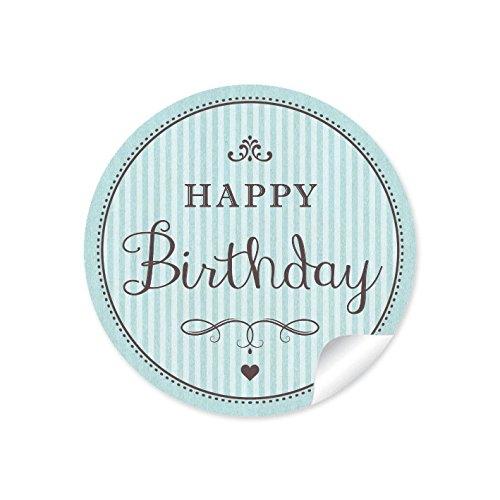24 STICKER: "Happy Birthday" 24 Geburtstagsaufkleber/Etiketten im "Retro-Vintage-Style" in mint grün mit Herz und Ornamente (A4 Bogen) • Papieraufkleber (Aufkleber im Format 4 cm, rund, matt) von fioniony