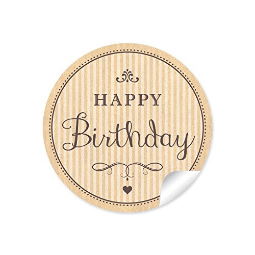 24 STICKER: "Happy Birthday" 24 Geburtstagsaufkleber/Etiketten im "Retro-Vintage-Style" in natur mit Herz und Ornamente (A4 Bogen) • Papieraufkleber (Aufkleber im Format 4 cm, rund, matt) von fioniony