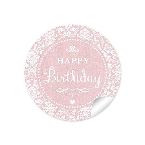 24 STICKER:"Happy Birthday" 24 Geburtstagsaufkleber/Etiketten im"Retro-Vintage-Style" in rosa mit Ornamente weiß (A4 Bogen) • Papieraufkleber (Aufkleber im Format 4 cm, rund, matt) von fioniony