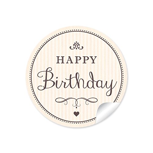 24 STICKER:"Happy Birthday" 24 Geburtstagsaufkleber/Etiketten im"Retro-Vintage-Style" in zartem creme mit Herz und Ornamente (A4 Bogen) • Papieraufkleber (Aufkleber im Format 4 cm, rund, matt) von fioniony