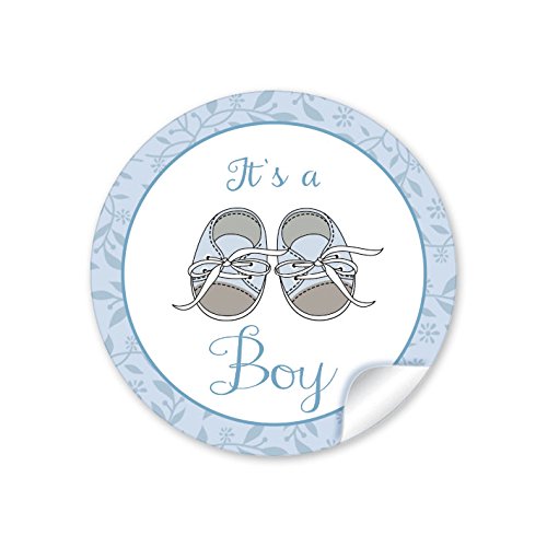 24 STICKER:"It`s a Boy" 24 schöne Etiketten in blau mit Babyschühchen für einen Jungen (A4 Bogen) • Papieraufkleber (Aufkleber im Format 4 cm, rund, matt) von fioniony