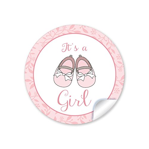 24 STICKER: "It`s a Girl" 24 schöne Etiketten in rosa mit Babyschühchen für ein Mädchen (A4 Bogen) • Papieraufkleber (Aufkleber im Format 4 cm, rund, matt) von fioniony