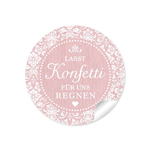 24 STICKER:"Lasst Konfetti für uns regnen" Schöne Etiketten in rosa mit romantischen Ornamenten und Herz für Konfetti-Verpackungen zur Hochzeit • Papieraufkleber: 4 cm, rund, matt von fioniony