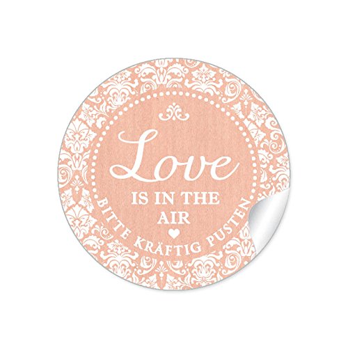 24 STICKER:"Love is in the Air – Bitte kräftig pusten" Schöne Etiketten mit romantischen Ornamenten und Herz für Seifenblasen-Verpackungen zur Hochzeit • Papieraufkleber: 4 cm, rund, matt in Apricot von fioniony