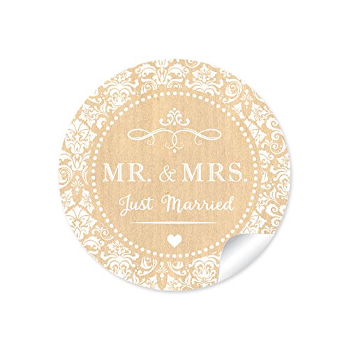 24 STICKER: "MR. & MRS. - Just Married" 24 Retro Hochzeitsaufkleber (A4 Bogen) in Natur/Weiß im Vintage Style zur Hochzeit • Papieraufkleber/Aufkleber/Etiketten (Format 4 cm, rund, matt) • von fioniony