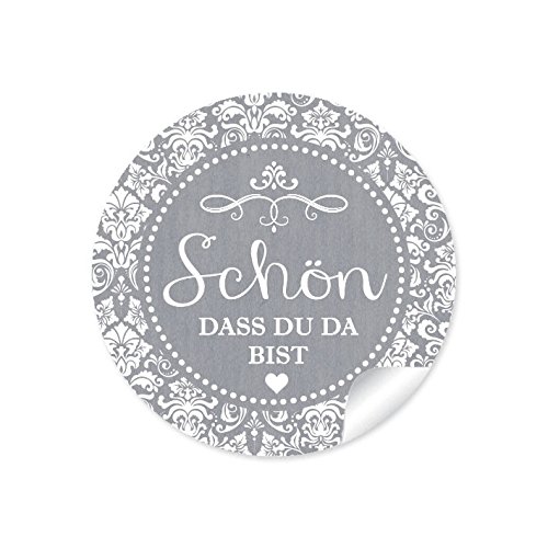 24 STICKER:"Schön, dass du da bist" Schöne Etiketten im"Shabby Chic gestreiften Packpapier Retro Look" in grau mit Herz und Ornamente (4 cm, rund, matt) Für Gastgeschenke oder Tischdeko von fioniony