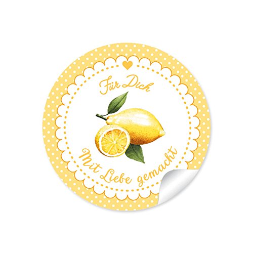 24 STICKER: Süße Aufkleber in Gelb mit Punkten, Herz und liebevoll illustrierter Zitrone"Für Dich - mit Liebe gemacht" • Zum Dekorieren von Gastgeschenken • Format 4 cm, rund, matt von fioniony