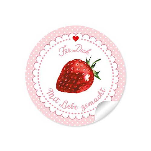 24 STICKER: Süße Aufkleber in ROSA mit Punkten, Herz und liebevoll illustrierter Erdbeere"Für Dich - mit Liebe gemacht" • Zum Dekorieren von Gastgeschenken • Format 4 cm, rund, matt von fioniony